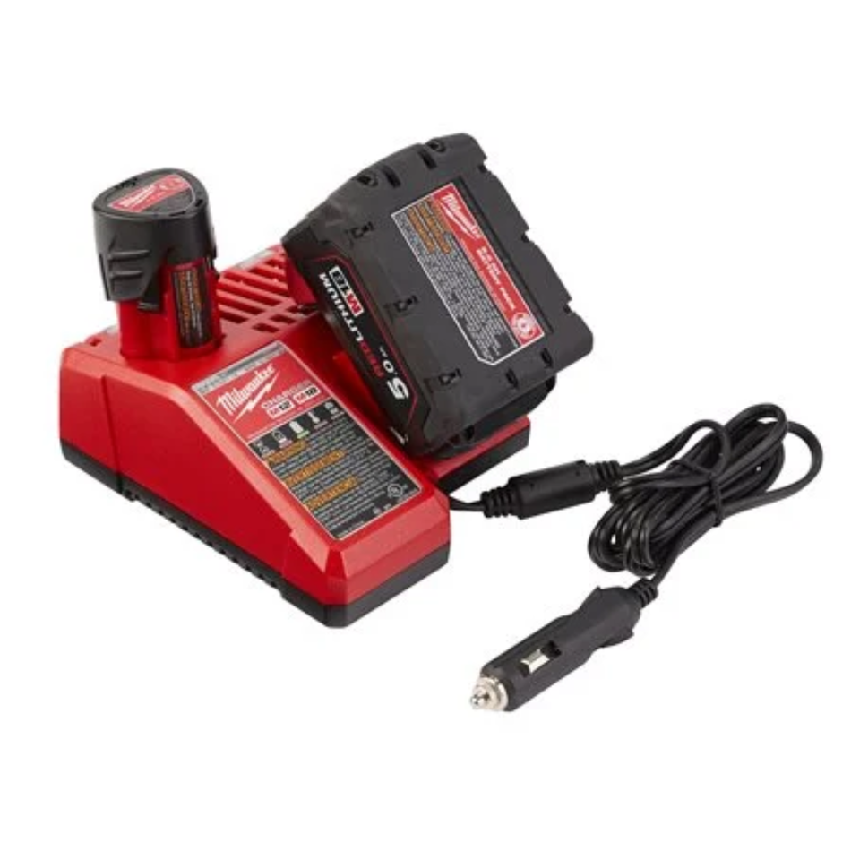Red Milwaukee battery charger with a battery on a white background