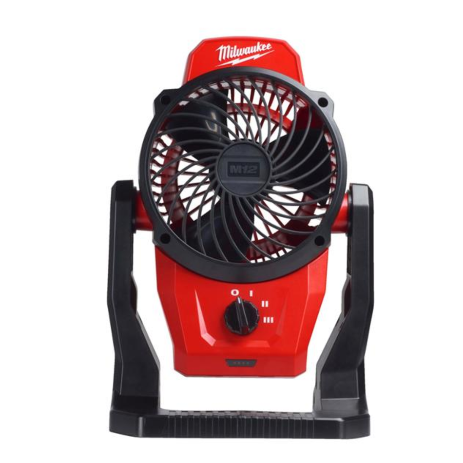 Red Milwaukee fan with black blades on a white background