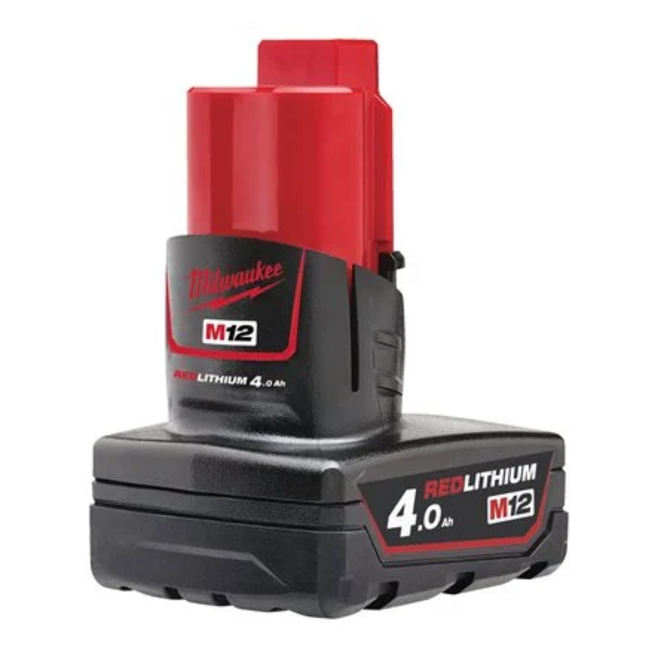 Milwaukee M12 RedLithium 4.0 Ah battery pack on a white background