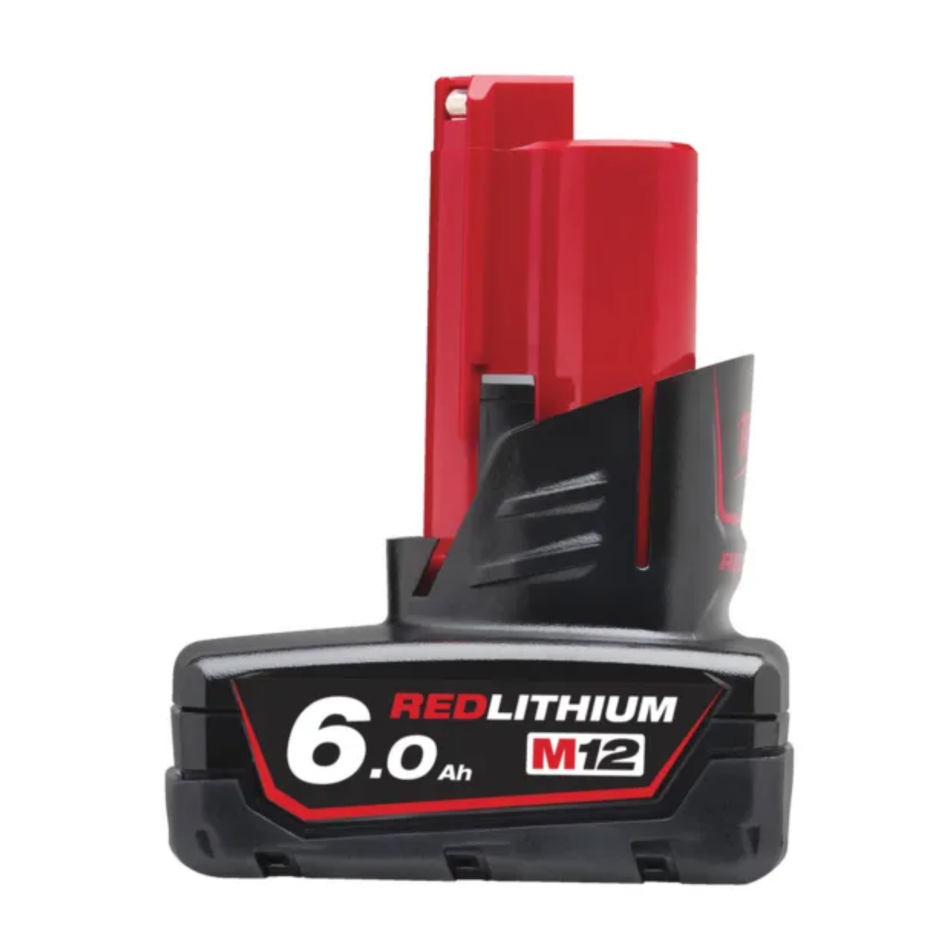 Red lithium-ion battery pack with '6.0 Ah' and 'M12' branding on a white background