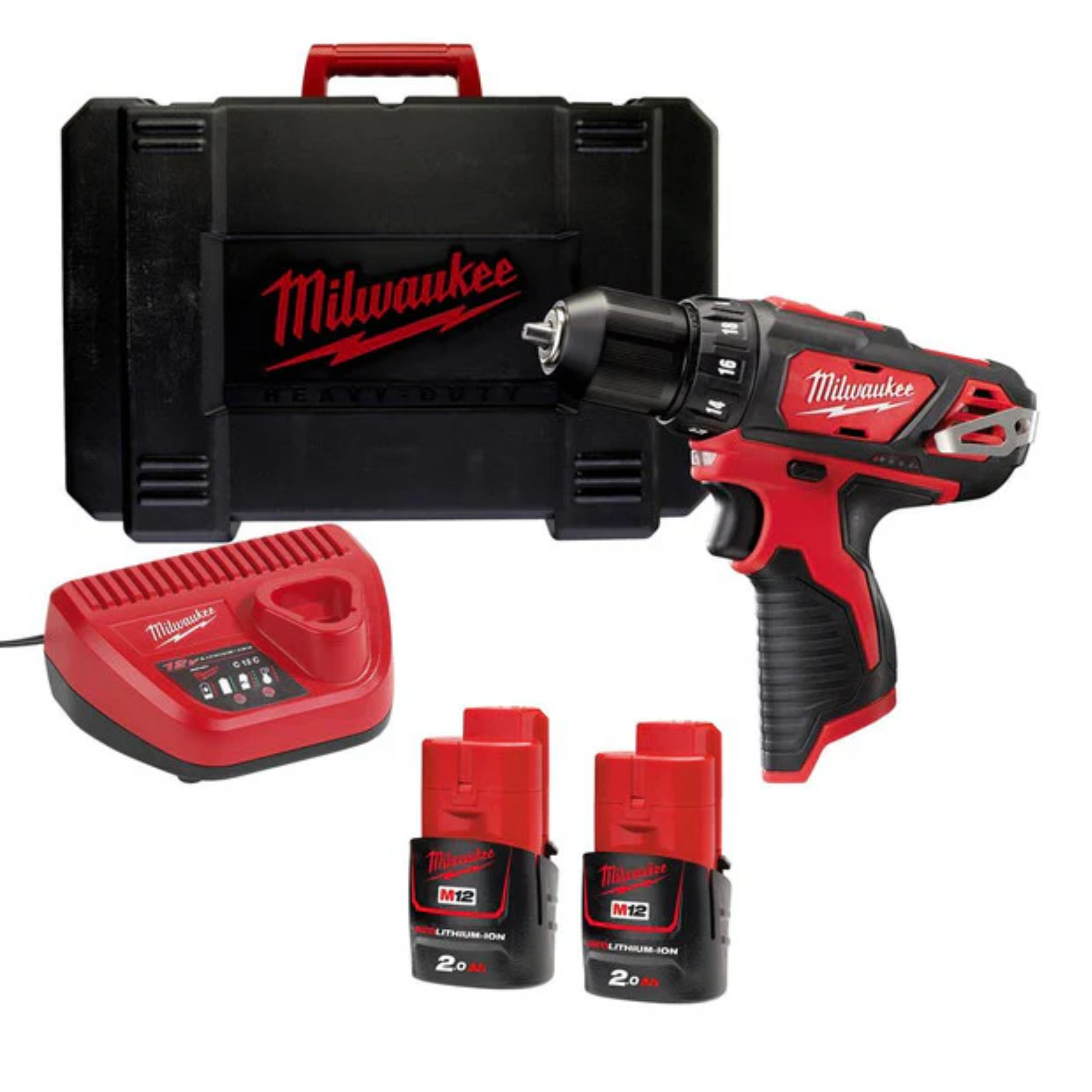 Milwaukee power drill set with case, battery charger, and two batteries on a white background