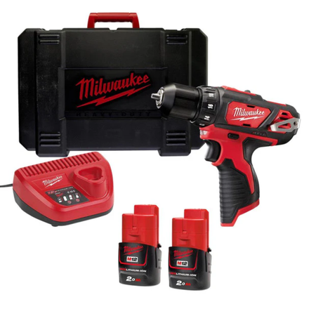 Milwaukee power drill set with case, battery charger, and two batteries on a white background