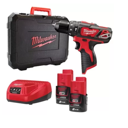 Milwaukee power drill set with case, battery pack, and two additional batteries on a white background