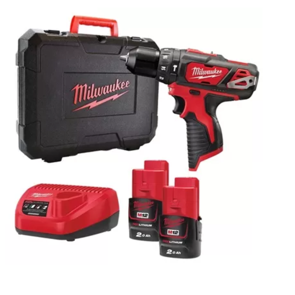Milwaukee power drill set with case, battery pack, and two additional batteries on a white background