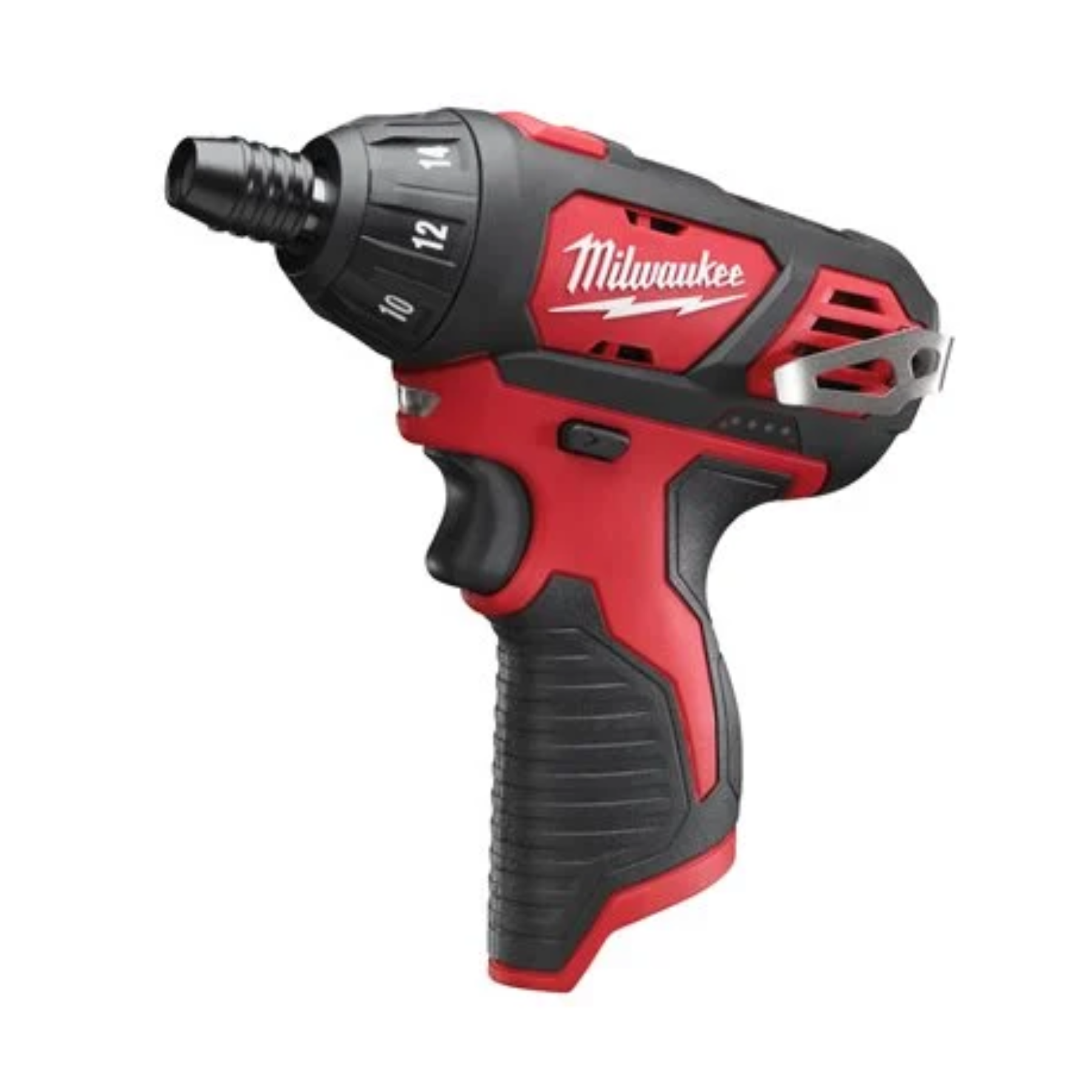 Red and black Milwaukee power drill on a white background