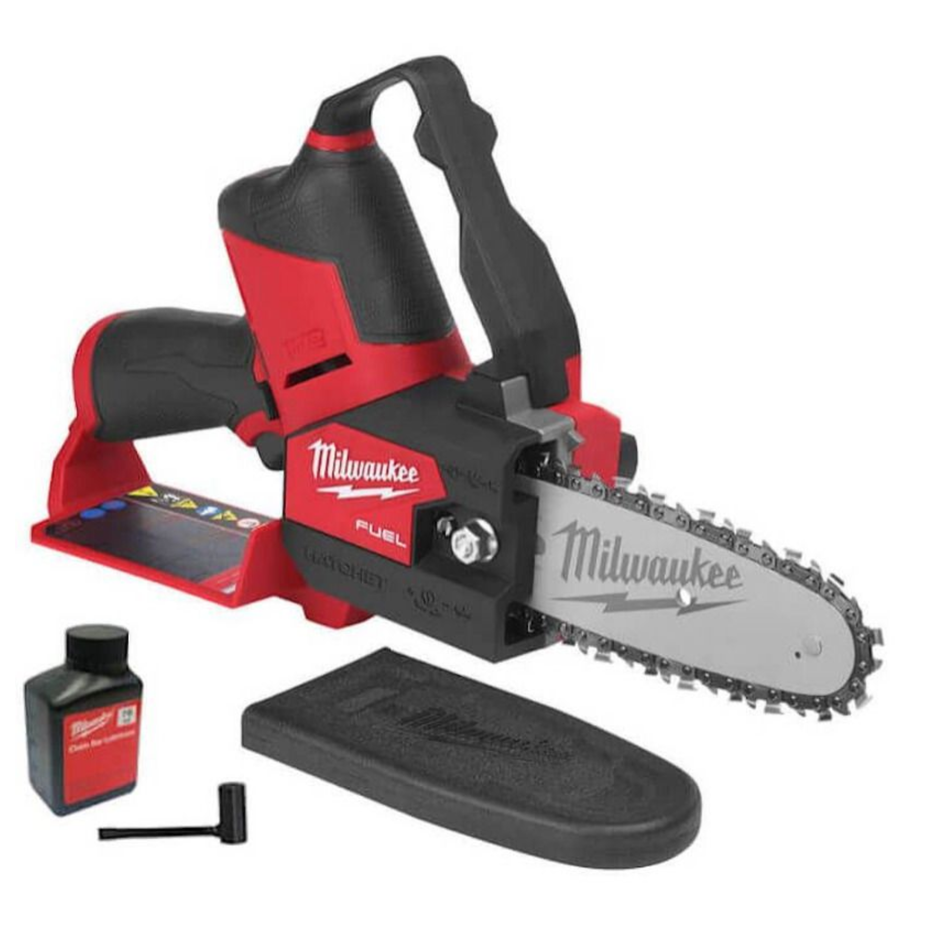 Milwaukee chainsaw with battery and tool on a white background