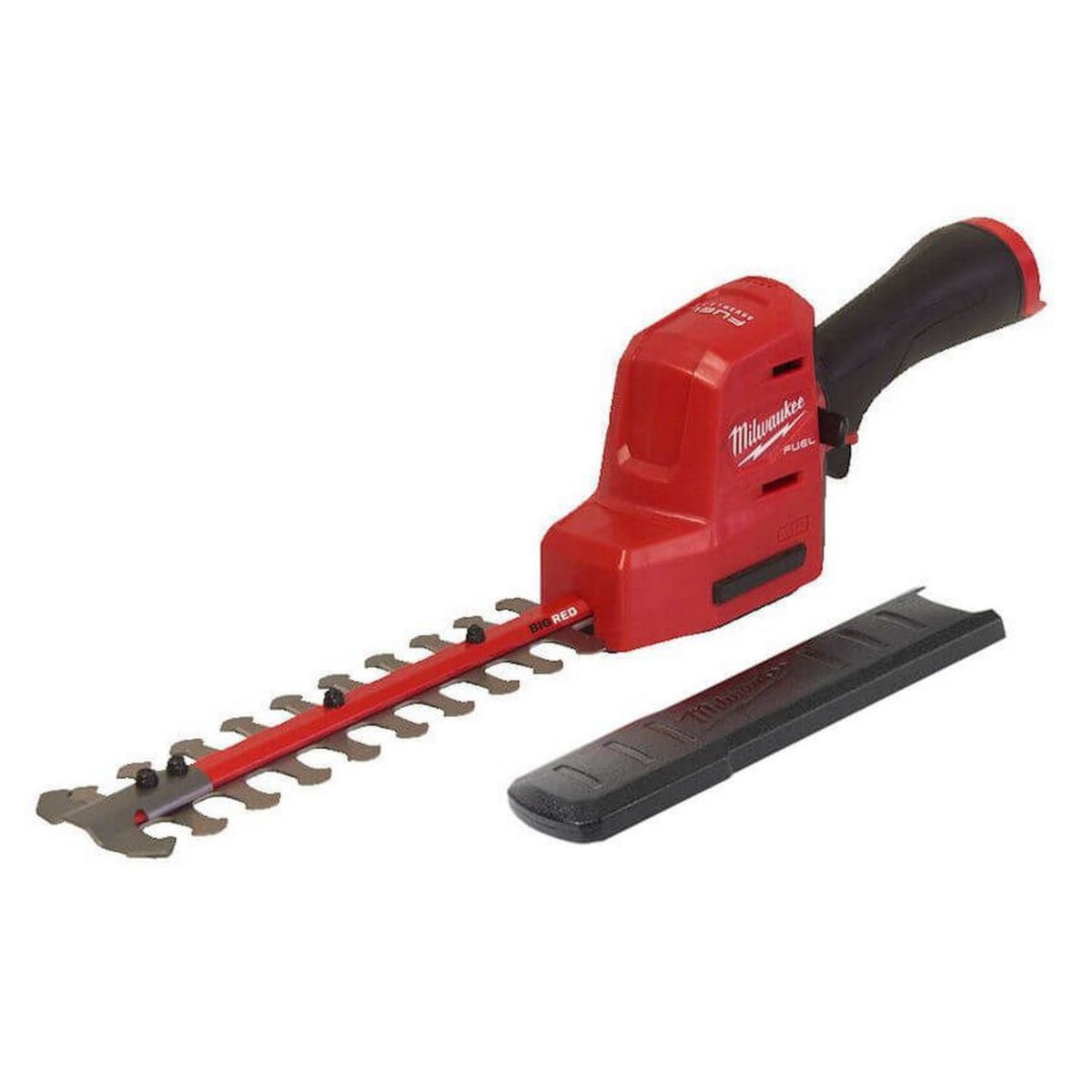 Red hedge trimmer with black handle on a white background
