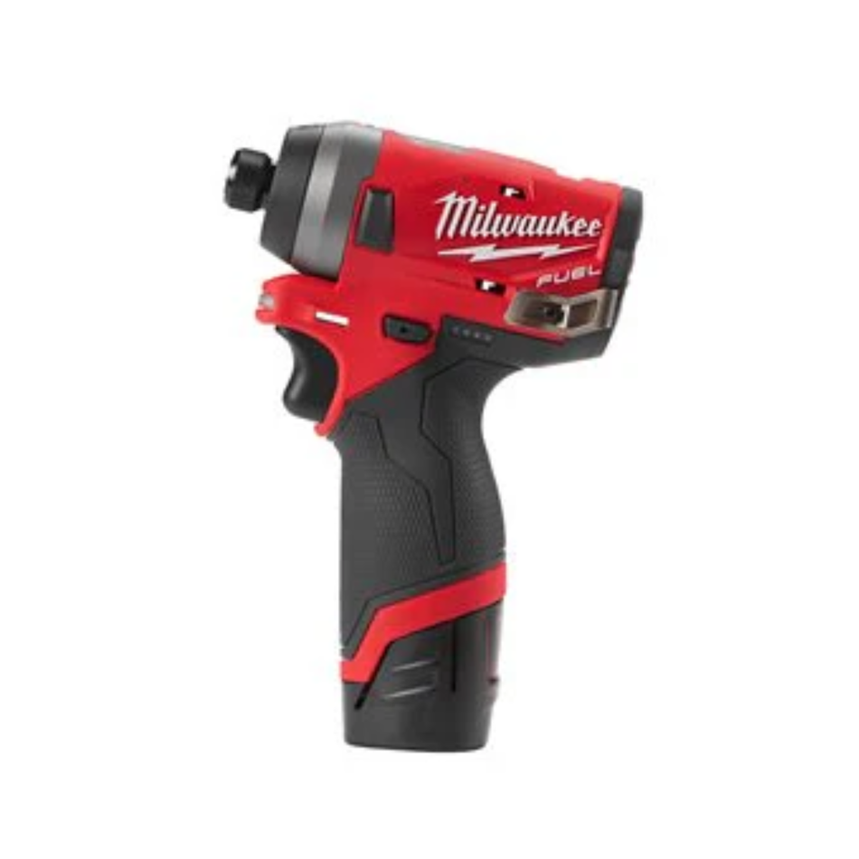 Red and black Milwaukee power drill on a white background