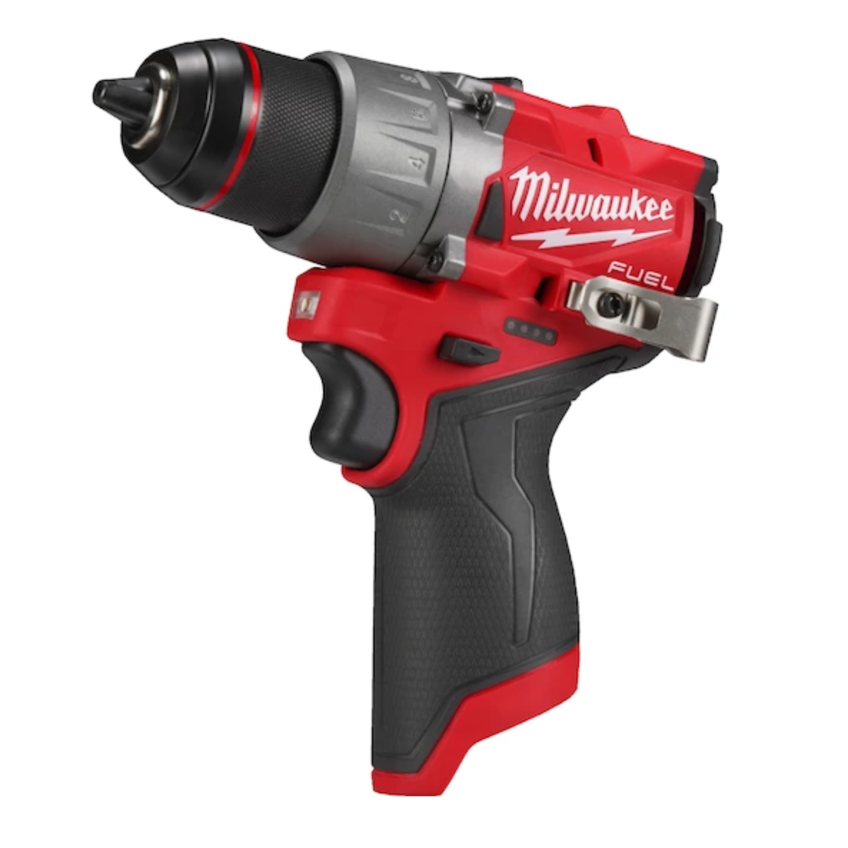 Red and black Milwaukee power drill on a white background