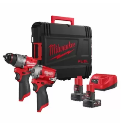Milwaukee tool set with drill, impact wrench, and battery pack on a white background