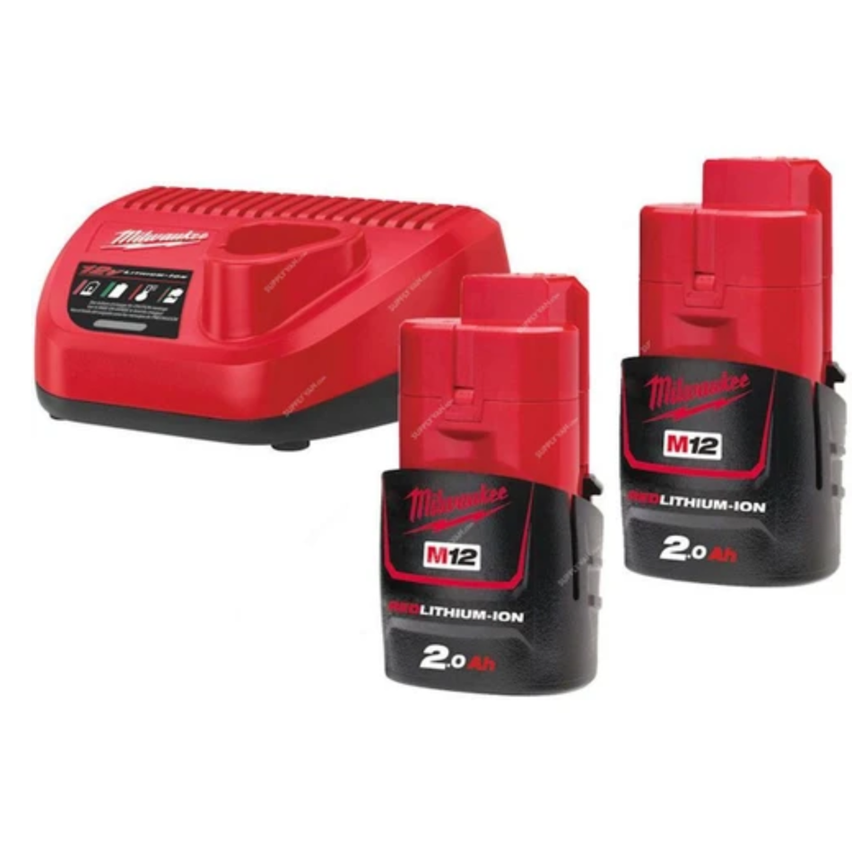Milwaukee M12 battery and charger set on a white background