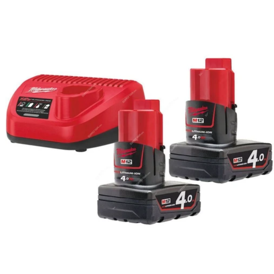 Milwaukee tool battery pack and charger set on a white background
