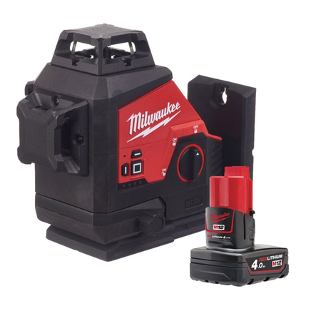 Milwaukee laser level with battery on a white background