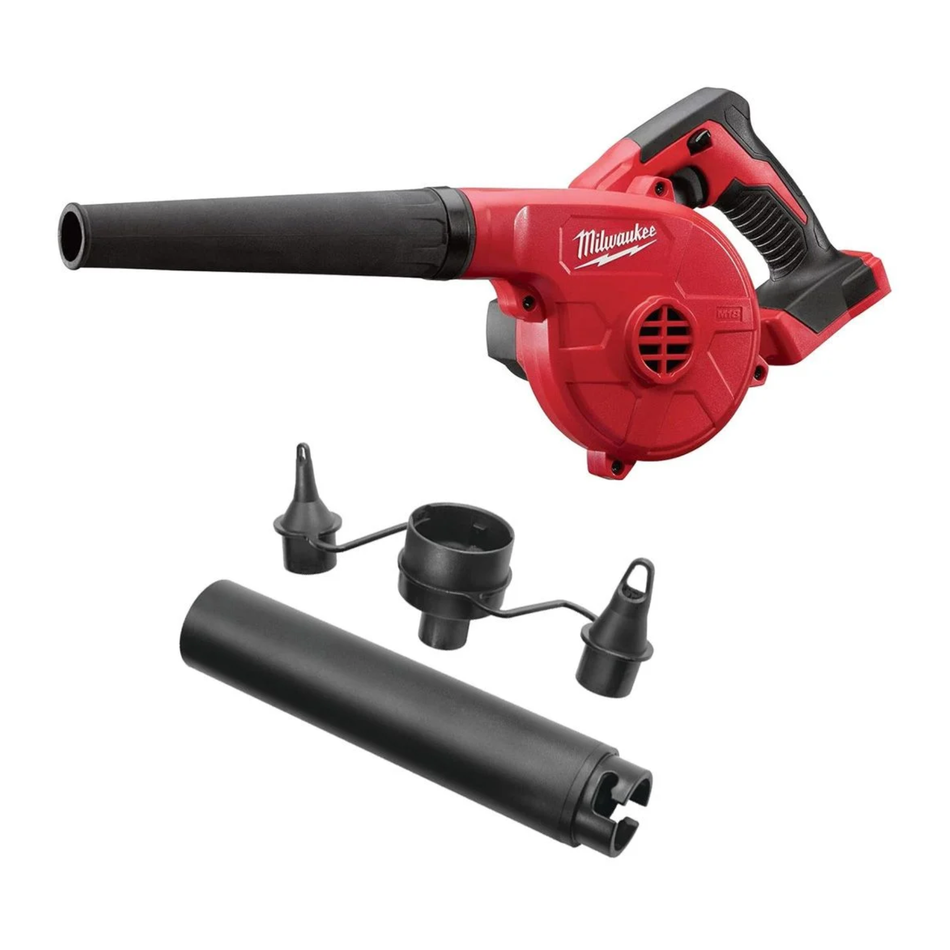 Red Milwaukee leaf blower with attachments on a white background