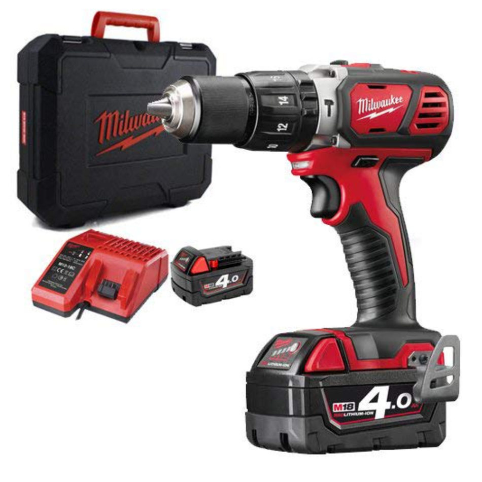 Milwaukee power drill with battery and charger on a white background
