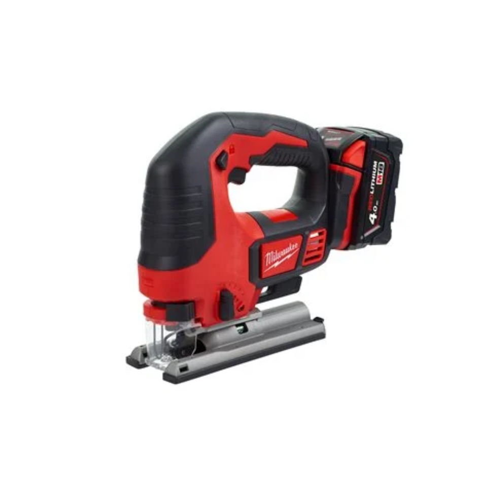 Red and black cordless jigsaw on a white background