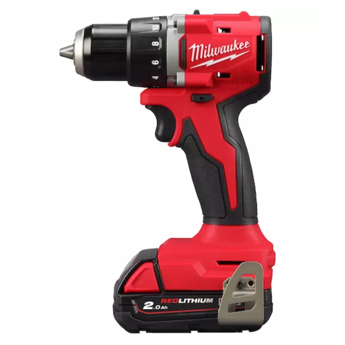 Red Milwaukee cordless drill on a white background