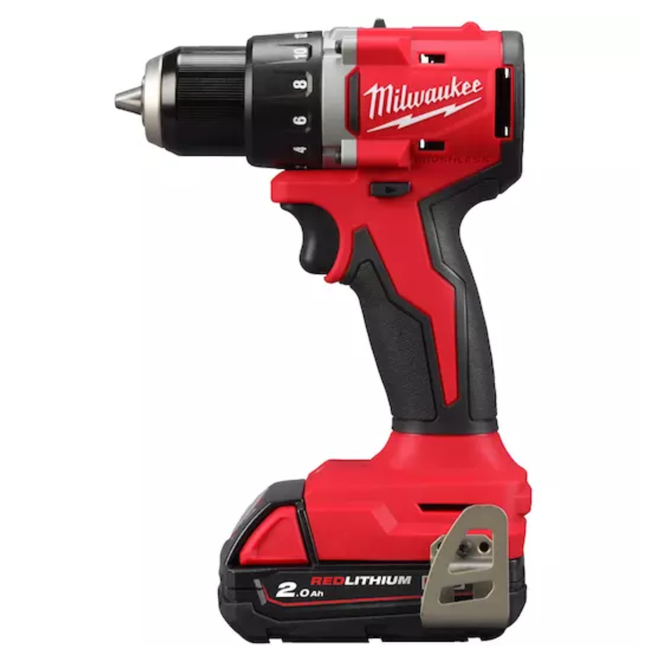 Red Milwaukee cordless drill on a white background