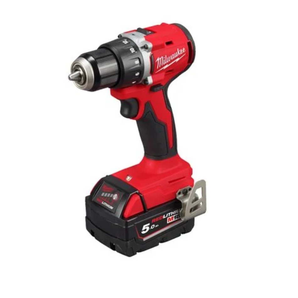 Red Milwaukee cordless drill on a white background