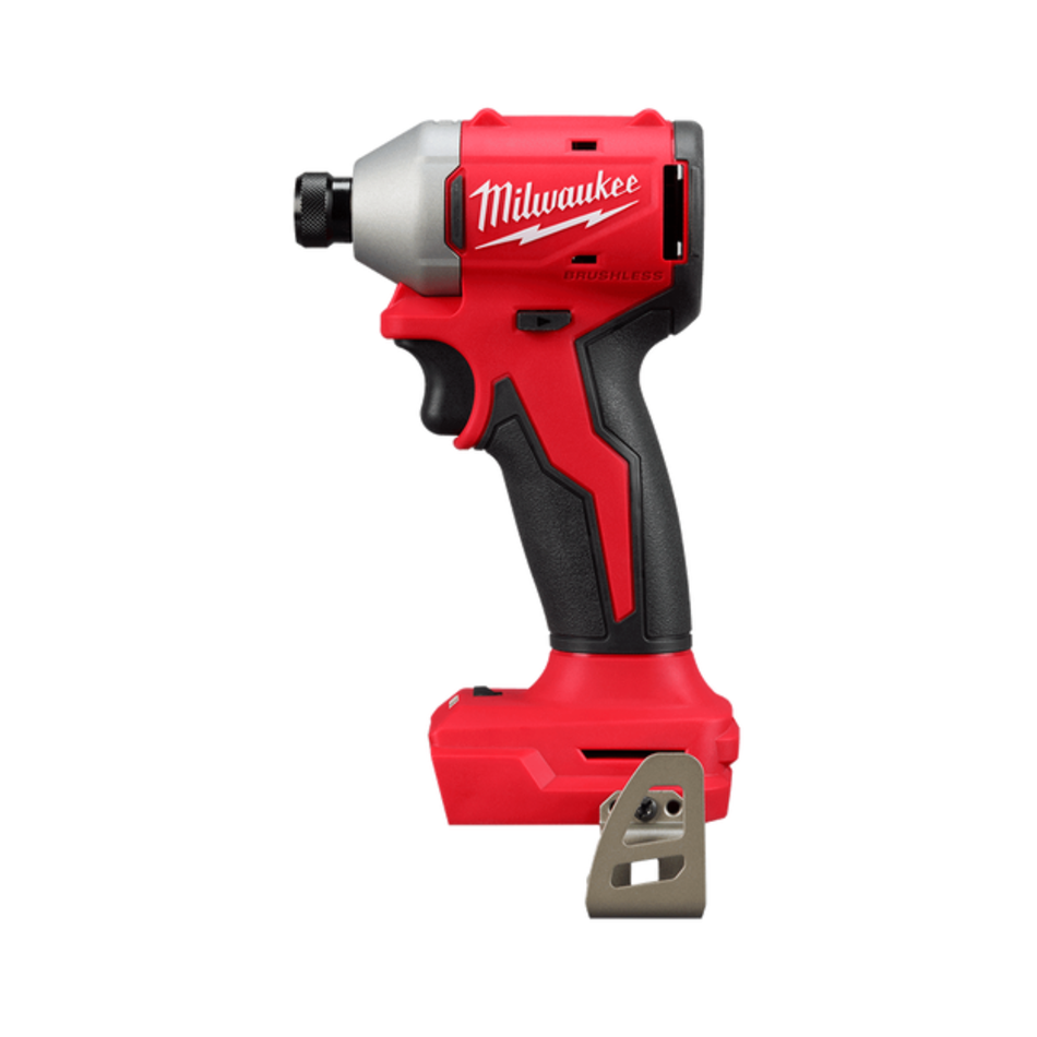 Red Milwaukee power drill with a blade attachment on a white background