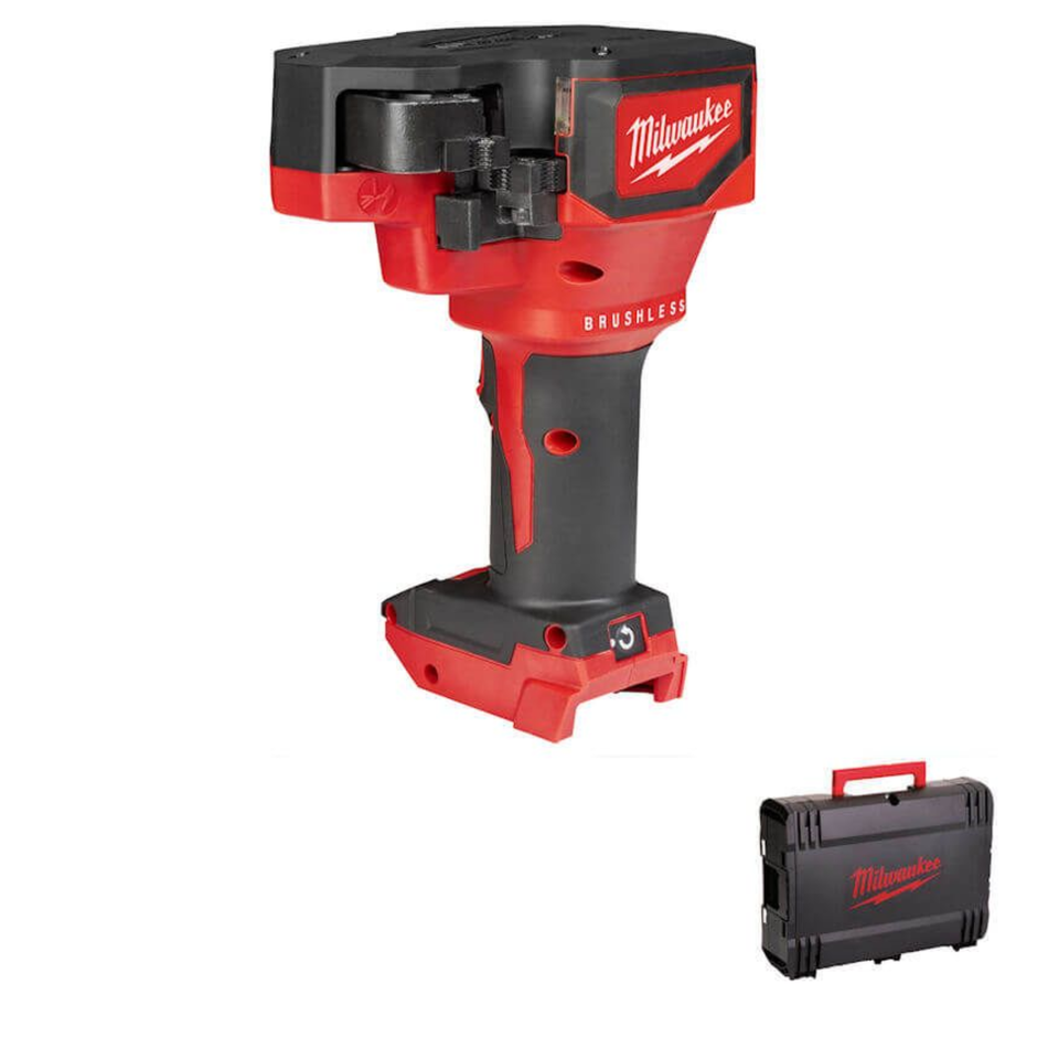 Red and black Milwaukee power tool with matching carrying case on a white background