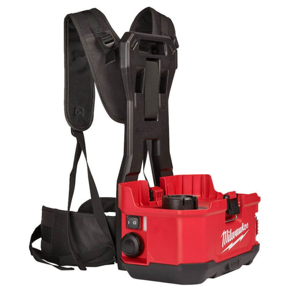 Red and black Milwaukee tool belt on a white background