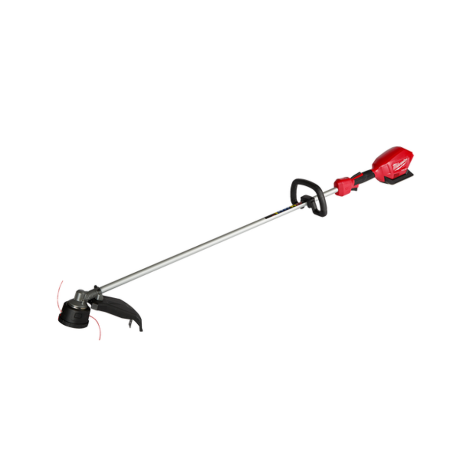 Red and black string trimmer on a white background