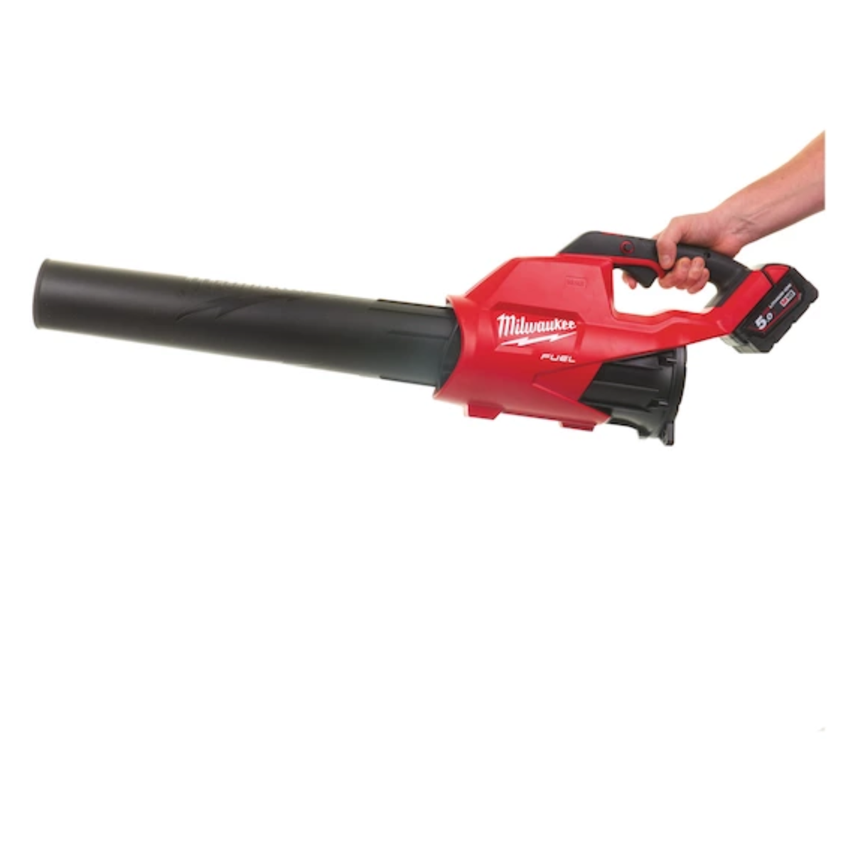 Red and black Milwaukee leaf blower held by a hand on a white background