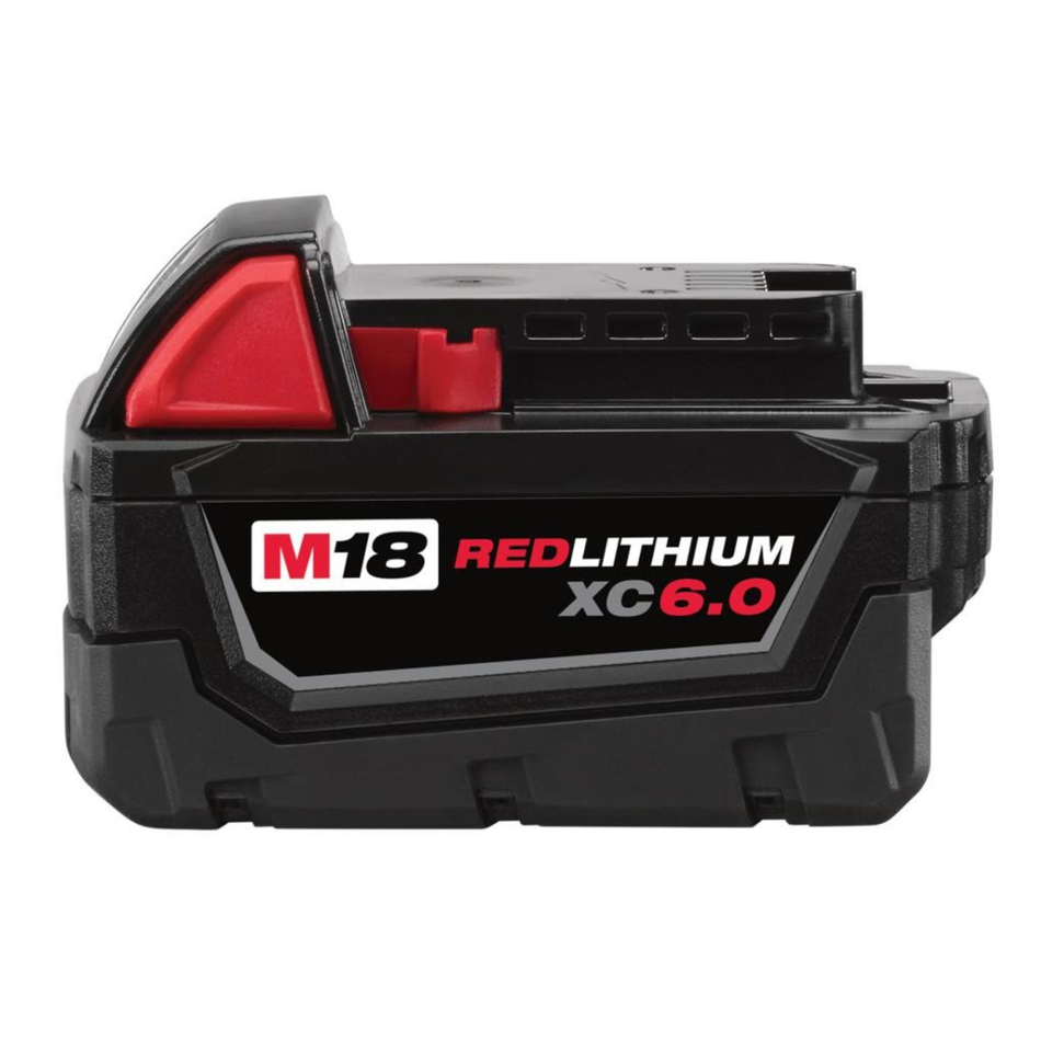 Black and red M18 RedLithium XC6.0 battery on a white background