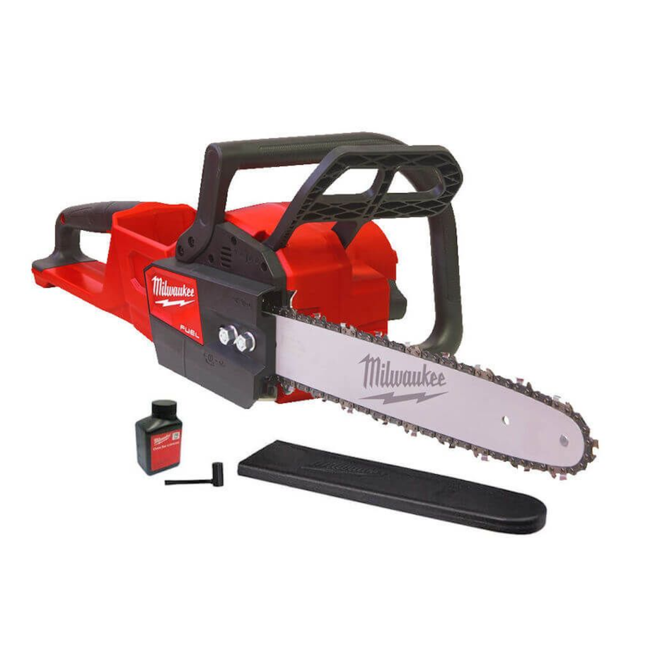 Red and black Milwaukee chainsaw on a white background