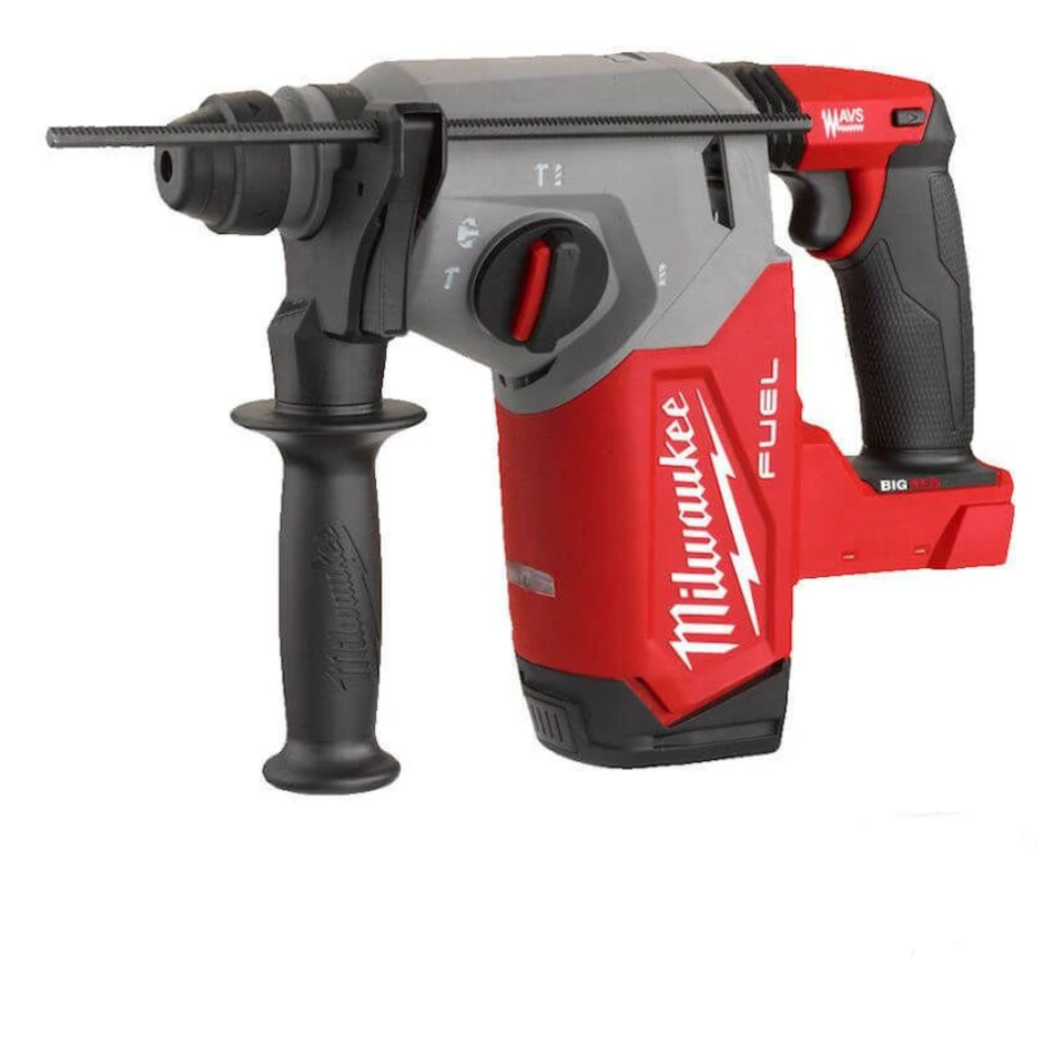 Red and gray Milwaukee power drill on a white background