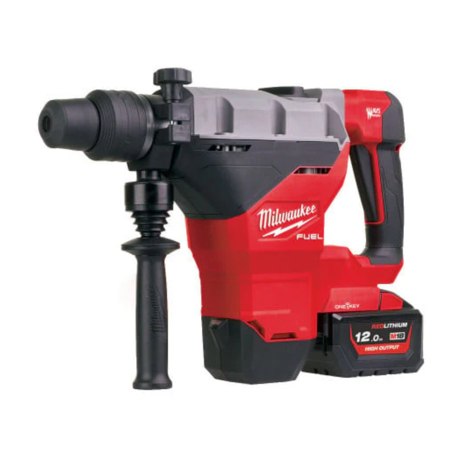 Red and black Milwaukee power drill on a white background