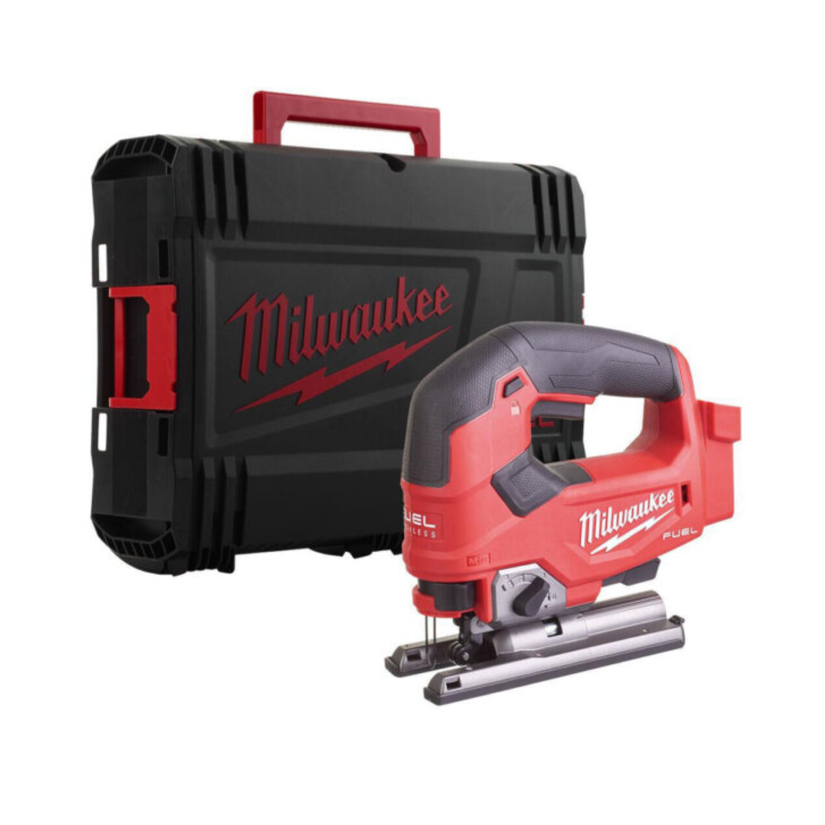Milwaukee cordless jigsaw with black carrying case on a white background