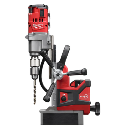 Red and black Milwaukee drill press on a white background