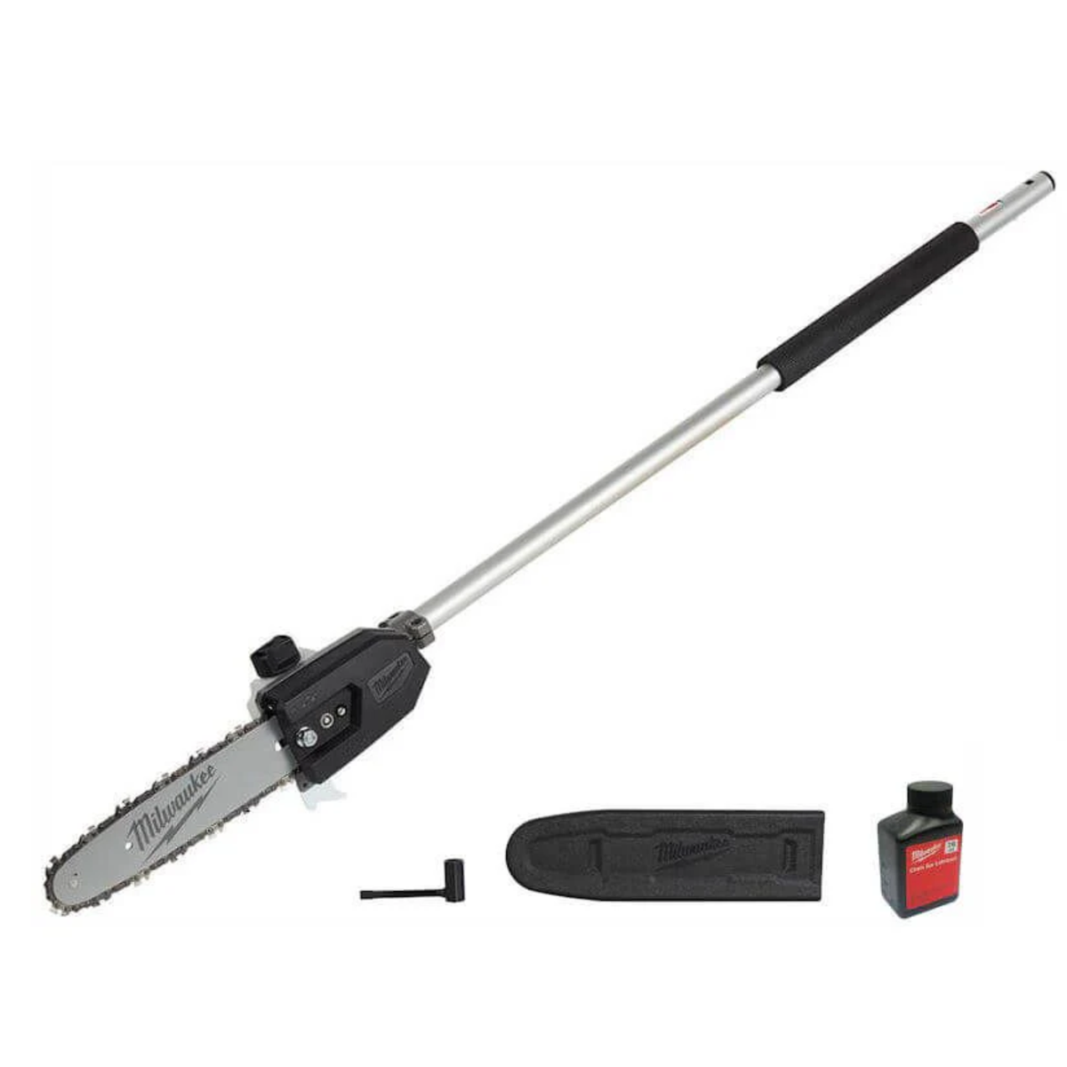 Milwaukee pole saw with accessories on a white background