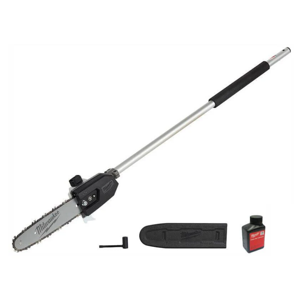 Milwaukee pole saw with accessories on a white background
