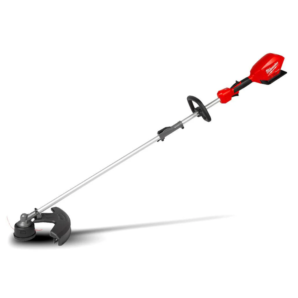 Red and black string trimmer on a white background