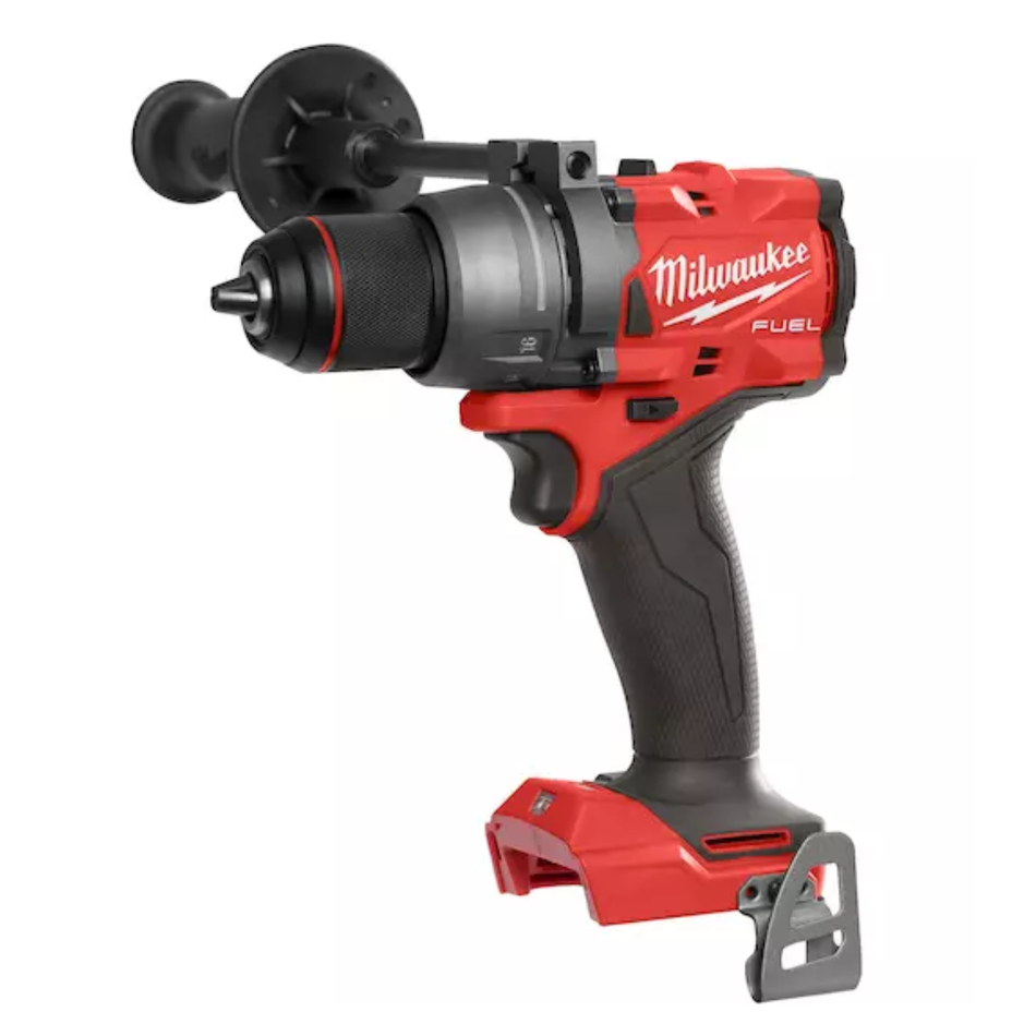 Red and black Milwaukee power drill on a white background