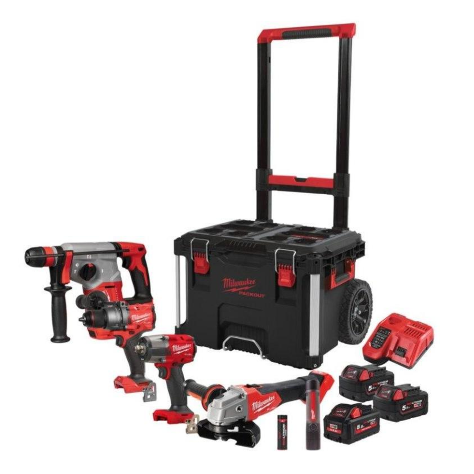 Milwaukee tool set with drill, impact driver, angle grinder, and toolbox on a white background