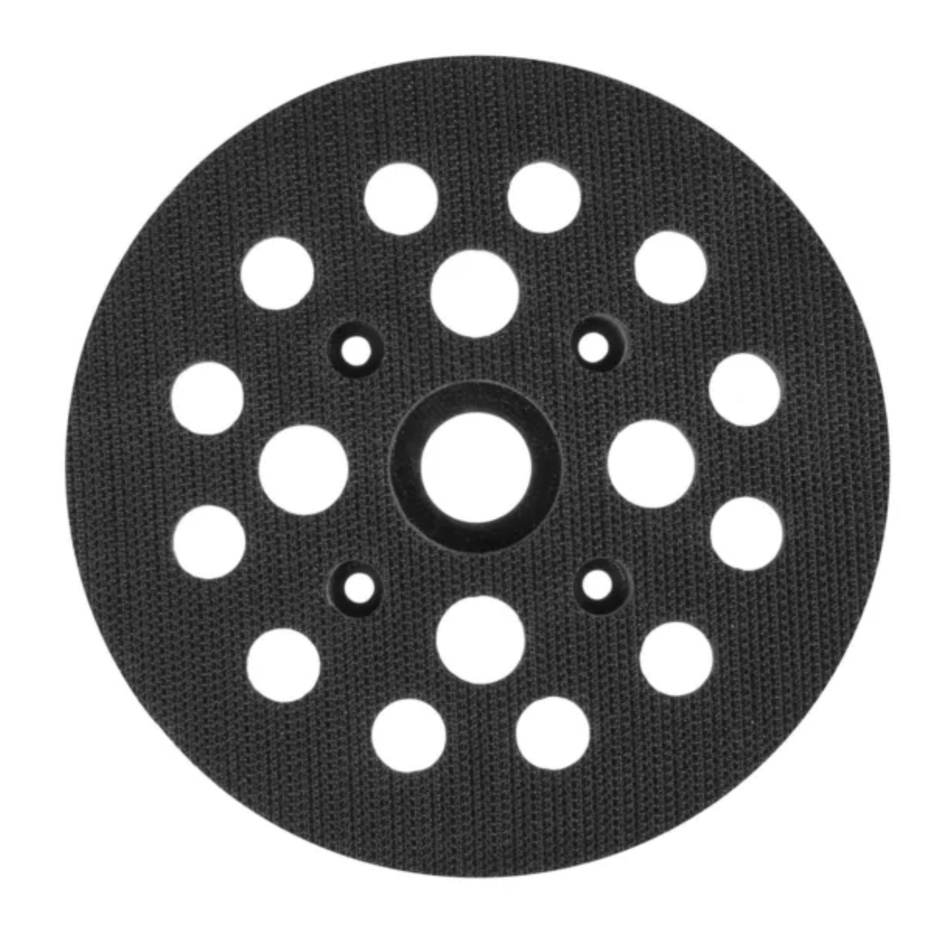 Black sanding disc with multiple holes on a white background