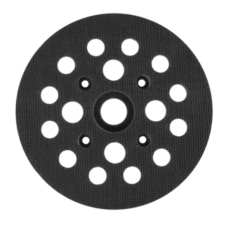 Black sanding disc with multiple holes on a white background
