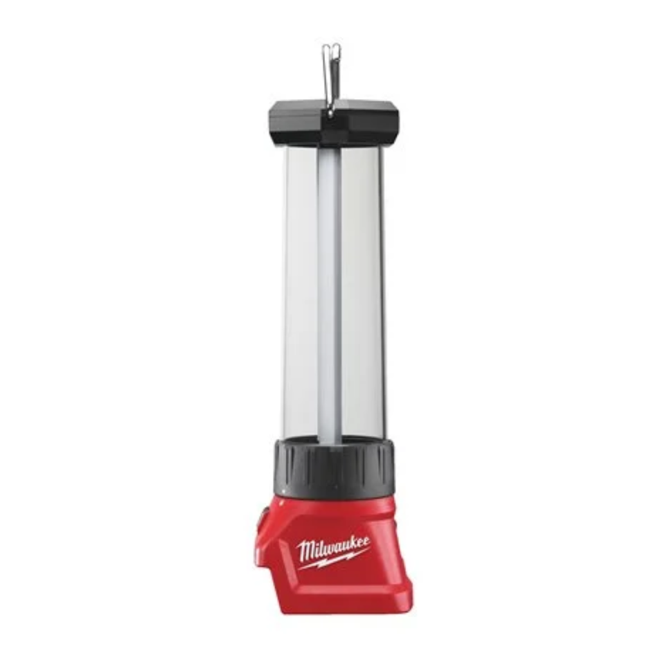 Red and black Milwaukee lantern on a white background