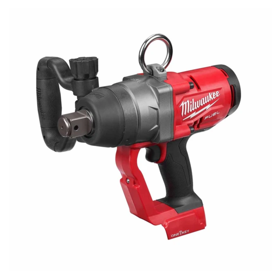 Red and black Milwaukee power drill on a white background