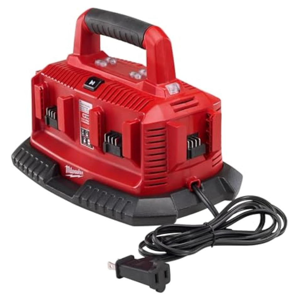 Red and black power tool charger with a cord on a white background