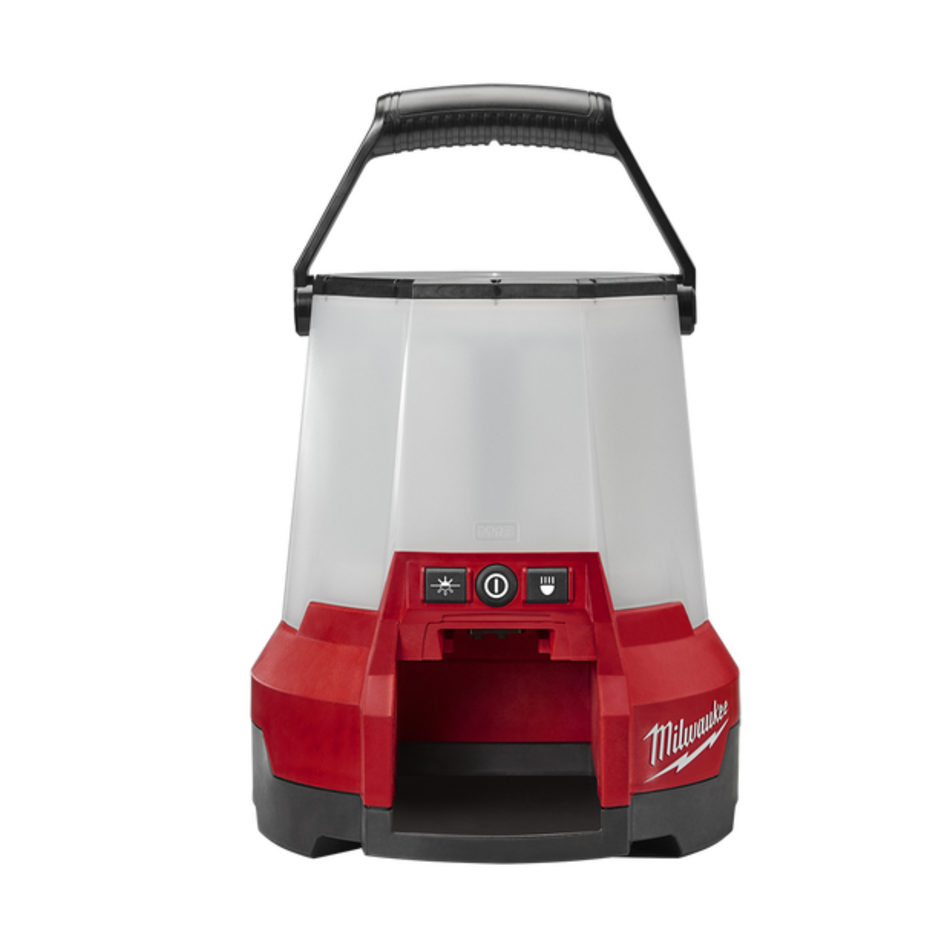 Red and white Milwaukee lantern on a white background