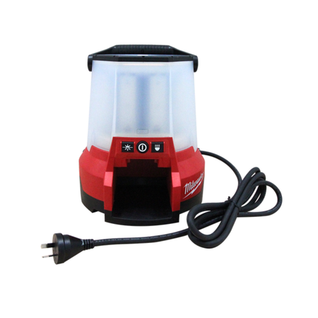Red and black portable lantern with a cord on a white background