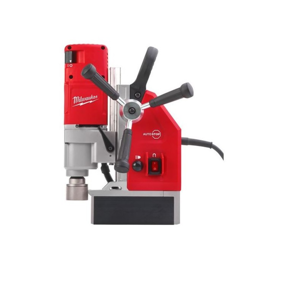 Red and gray Milwaukee drill press on a white background