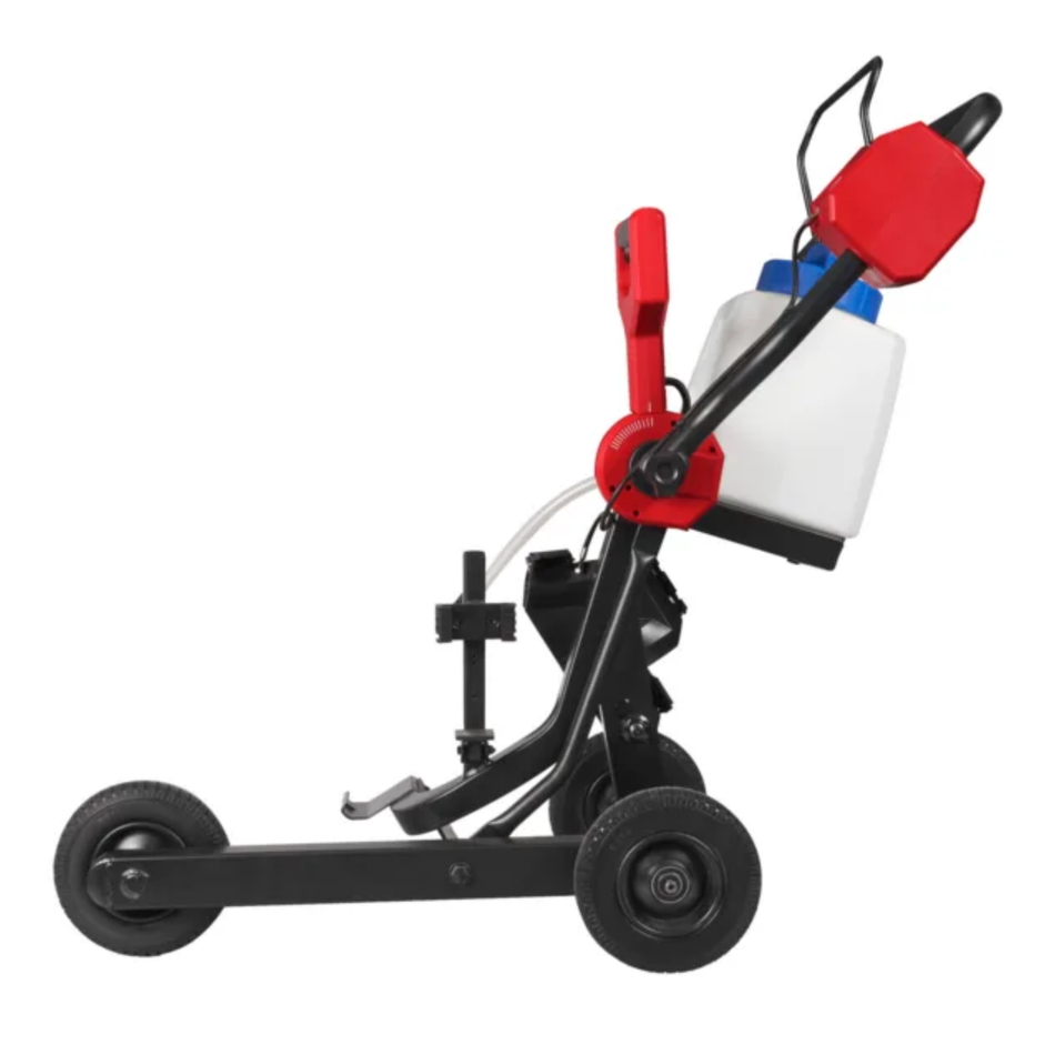 Small mechanical device with wheels on a white background