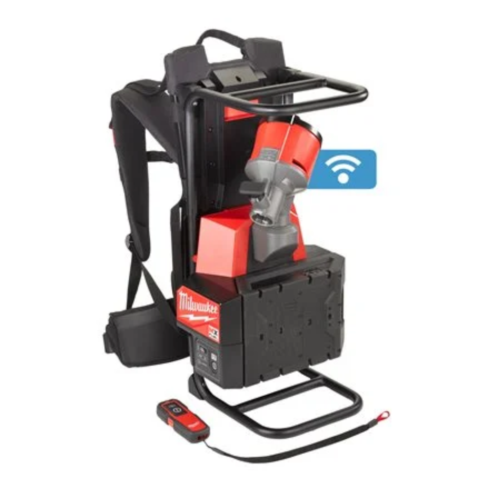 Backpack tool carrier with Milwaukee logo on a white background