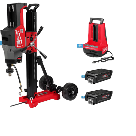 Milwaukee drill press set with battery and charger on a white background